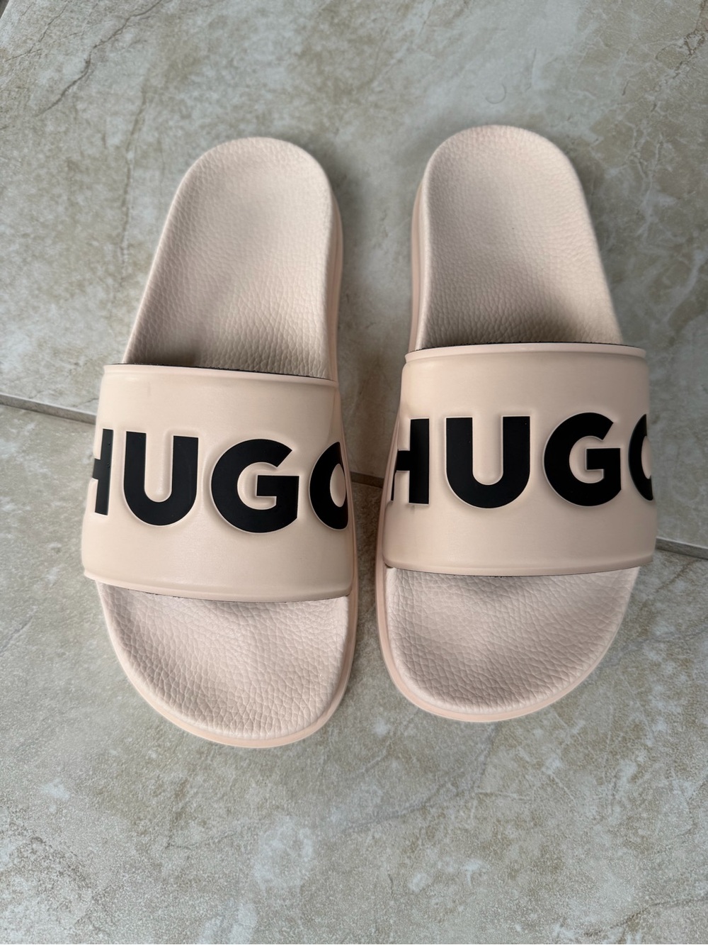 HUGO Blush Pink Logo Slide Sandals with Black Branding